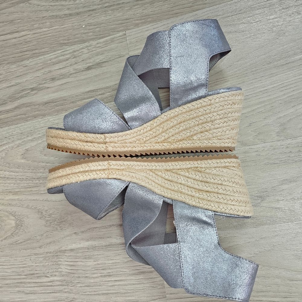 EILEEN FISHER 'willow' Espadrille Wedge Sandal In Pewter Metallic Suede Platform - Picture 6 of 8